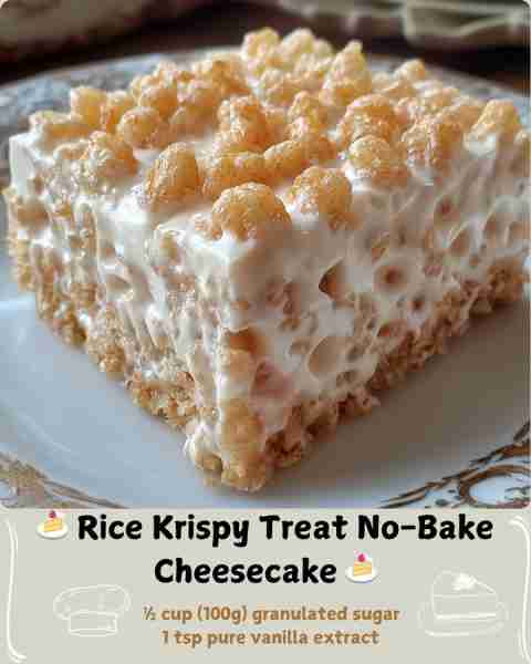 🍰 Rice Krispy Treat No-Bake Cheesecake 🍰 ✨ Ingredients For the Crust: • 6 cups (about 180g) crisp...