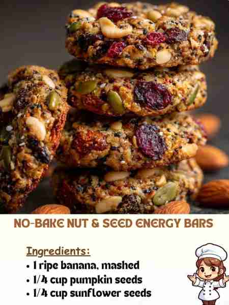 No-Bake Nut & Seed Energy Bars Ingredients 1 ripe banana, mashed ¼ cup pumpkin seeds ¼ cup sunflower...