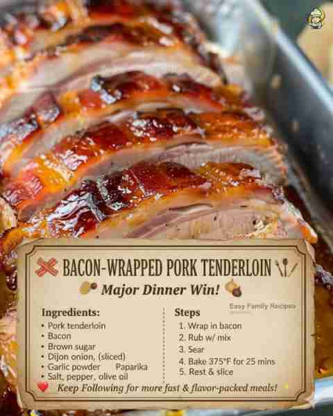 😋 Pork tenderloin dressed up in bacon—simple, hearty, and full of flavor. Sear it, bake it, let it...