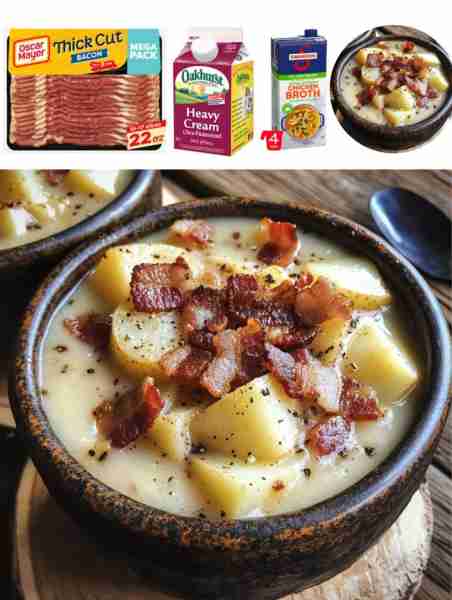 Potato and Bacon Soup Ingredients: - 6 slices of bacon, chopped - 1 onion, diced - 3 cloves of garli...