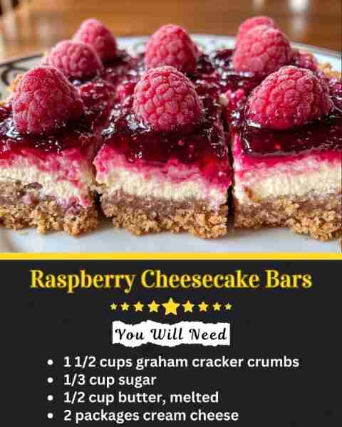 Raspberry Cheesecake Bars 📋 Ingredients • 1 1/2 cups graham cracker crumbs • 1/3 cup sugar • 1/2 cu...