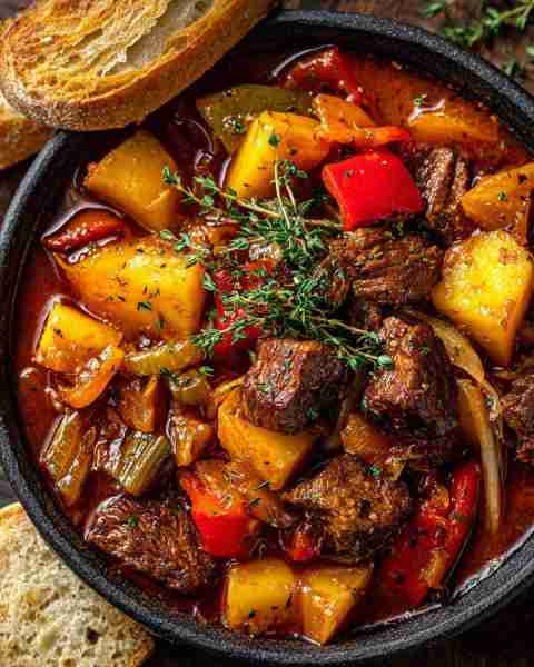 🥘 Hearty Beef Stew Ingredients: 2 lbs beef chuck, cut 3 tbsp olive oil 1 large onion, chopped 3 gar...