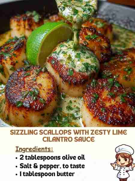 Sizzling Scallops with Zesty Lime Cilantro Sauce Ingredients 2 tablespoons olive oil Salt & pepper,...