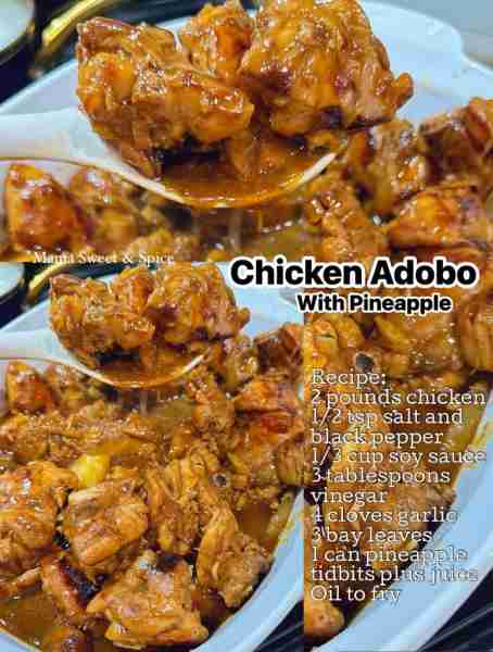Filipino Chicken Adobo with Pineapple Here’s the recipe: It’s tender and juicy with garlic sweet an...