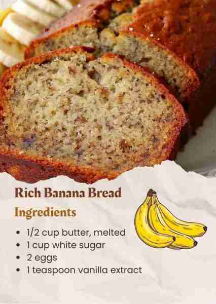 Rich Banana Bread 🍞😍 1/2 cup butter, melted 1 cup white sugar 1 teaspoon vanilla extract 1 1/2 cup...