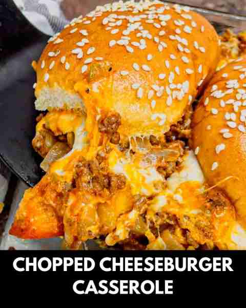 Chopped Cheeseburger Casserole is an easy dish loaded with ground beef, diced onions, pickles, ketch...