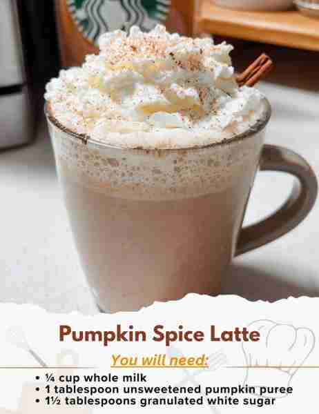 Pumpkin Spice Latte Ingredients: - ¼ cup whole milk - 1 tablespoon unsweetened pumpkin puree - 1½ ta...