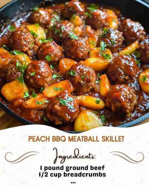 Peach BBQ Meatball Skillet Ingredients: 1 pound ground beef 1/2 cup breadcrumbs 1/4 cup grated Par...