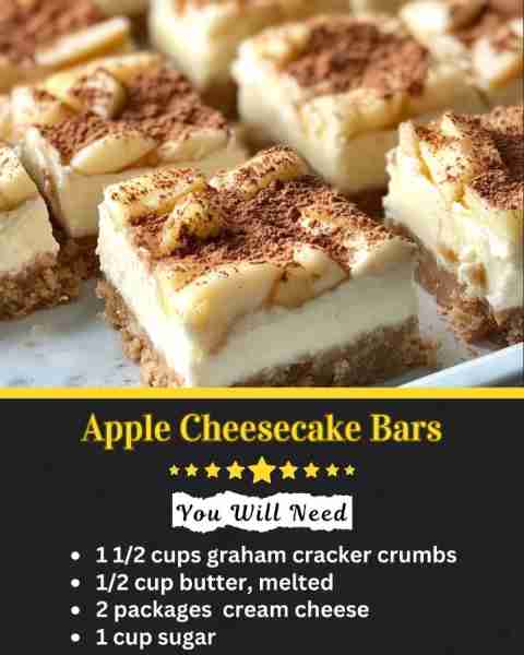Apple Cheesecake Bars 📋 Ingredients • 1 1/2 cups graham cracker crumbs • 1/2 cup butter, melted • 2...