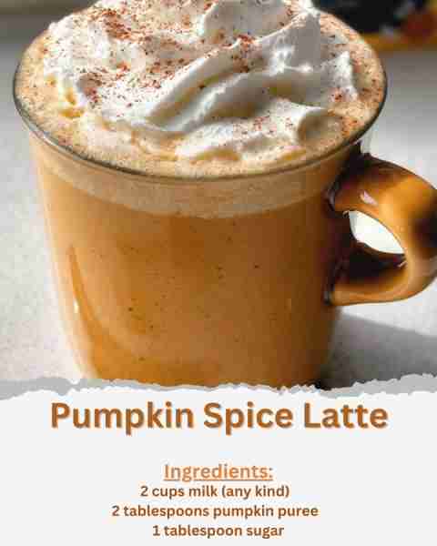 Pumpkin Spice Latte Ingredients: - 2 cups milk (any kind) - 2 tablespoons pumpkin puree - 1 tablespo...