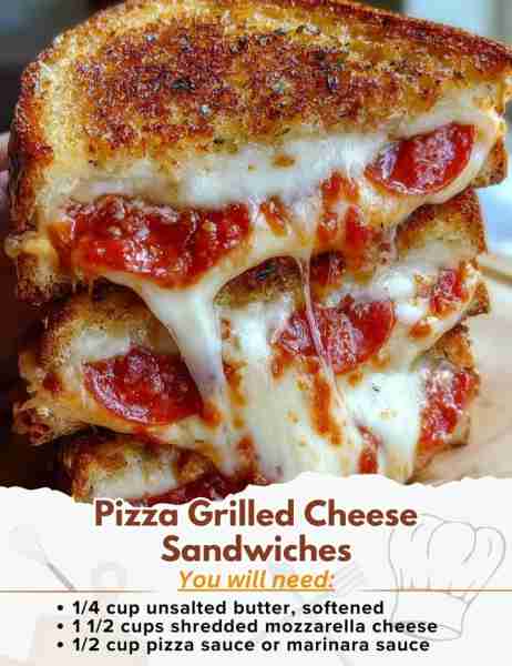 Pizza Grilled Cheese Sandwiches Ingredients: - 1/4 cup unsalted butter, softened - 4 tablespoons gra...