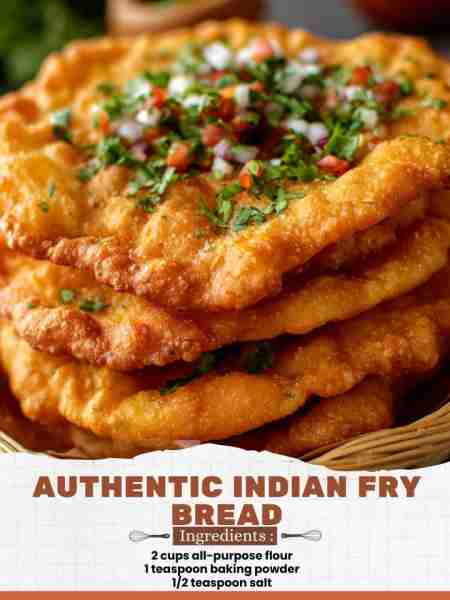 Authentic Indian Fry Bread Ingredients: 2 cups all-purpose flour 1 teaspoon baking powder 1/2 teaspo...
