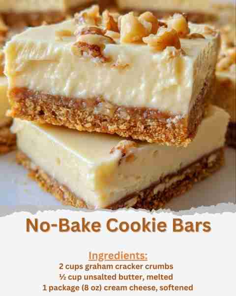 No-Bake Cookie Bars Ingredients: For the Crust: - 2 cups graham cracker crumbs - ½ cup unsalted butt...