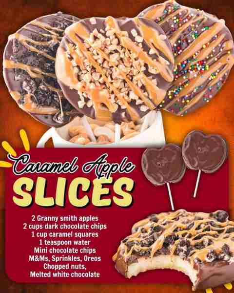 CARAMEL APPLE SLICES! 2 Granny smith apples 2 cups dark chocolate chips 1 cup caramel squares 1 teas...