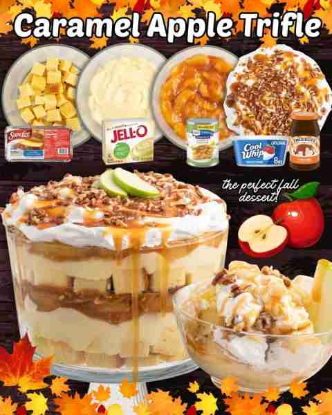 CARAMEL APPLE TRIFLE! 2 frozen classic pound cakes 4 cups cold whole milk 2 instant vanilla pudding...