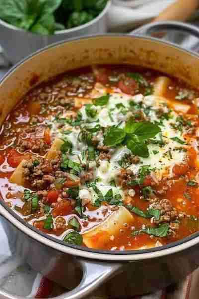 Lasagna Soup 🍝🍲 Ingredients: 1 lb ground beef or Italian sausage 1 medium onion, chopped 2 cloves...