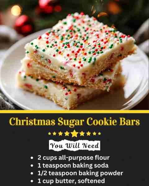 Christmas Sugar Cookie Bars 📋 Ingredients • 2 cups all-purpose flour • 1 teaspoon baking soda • 1/2...