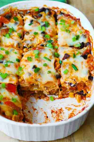 Black Bean and Butternut Squash Enchilada Casserole with Bell Peppers, Corn, Salsa, Mozzarella Chees...