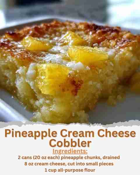 Pineapple Cream Cheese Cobbler Ingredients: - 1 stick (1/2 cup) butter - 1 egg, lightly beaten - 1 c...