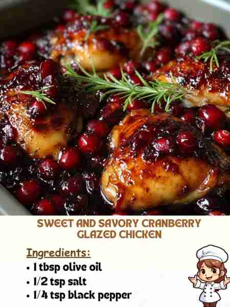 Sweet and Savory Cranberry Glazed Chicken Ingredients: 1 tbsp olive oil 1/2 tsp salt 1/4 tsp black p...