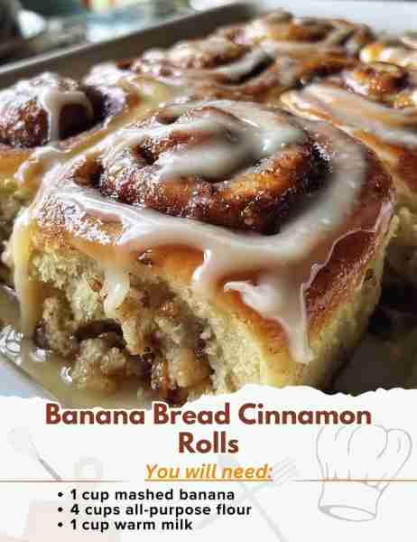 Banana Bread Cinnamon Rolls Ingredients: - Dough: - 1 cup mashed banana (about 2-3 medium bananas)...