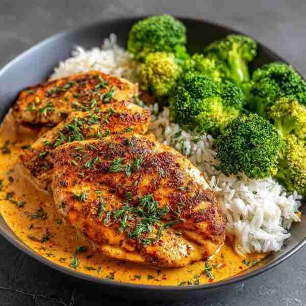 Creamy Cajun Chicken with Rice & Broccoli 🍗🥦🍚 Ingredients: 2 chicken breasts (seasoned with Cajun...