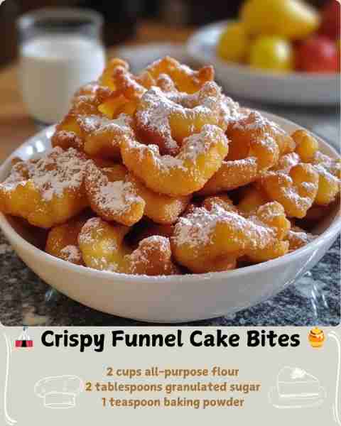 🎪 Crispy Funnel Cake Bites 🍯 Ingredients For the Batter: 2 cups all-purpose flour 2 tablespoons gr...