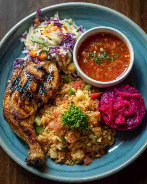 Delicious and Colorful Feast: Grilled Chicken with Fried Rice, Sweet Potatoes, and Coleslaw 📌 Recip...