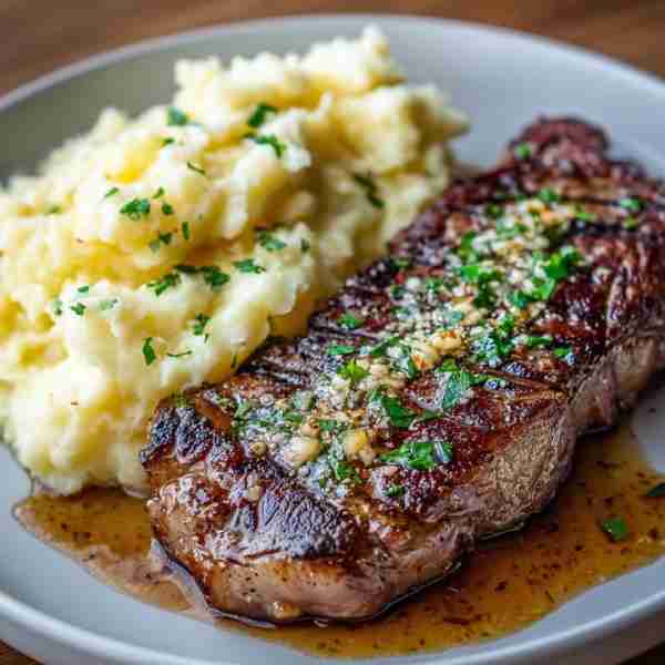 Sizzling Garlic Butter Steak with Velvety Mashed Potatoes Ingredients: For the Steak: 2 ribeye or si...