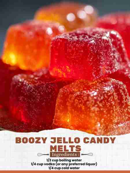 Boozy Jello Candy Melts Ingredients: 1/2 cup boiling water 1/4 cup vodka (or any preferred liquor) 1...