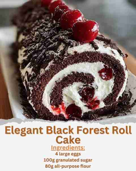 Elegant Black Forest Roll Cake Ingredients: - 4 large eggs - 100g granulated sugar - 80g all-purpose...