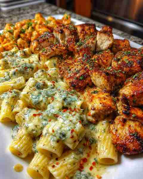 Spicy Garlic Mozzarella Chicken with Creamy Rigatoni Four-Cheese Sauce Ingredients: 1 ½ lbs boneless...