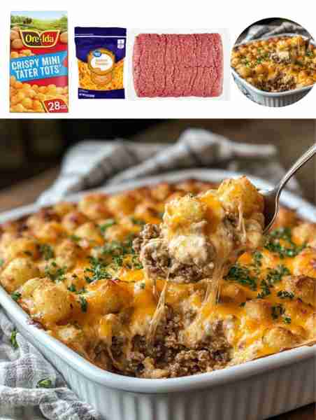 Crazy Good Casserole Ingredients: - 1 lb ground beef - 1 onion, diced - 1 can cream of chicken soup...