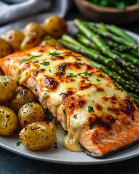 Creamy Garlic Parmesan Salmon with Roasted Potatoes and Asparagus 🥔🥬🐟