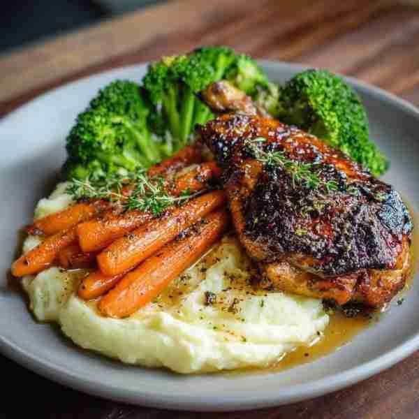Roast Chicken with Mashed Potatoes & Veggies 🍗🥦🥕 Ingredients: 2 chicken thighs (seasoned & roaste...