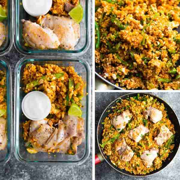 This low carb Indian chicken skillet has incredible flavor with spiced cauliflower rice, chicken thi...