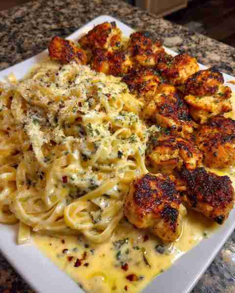 Cajun Garlic Butter Chicken Alfredo with Three-Cheese Linguine Ingredients: 4 boneless, skinless chi...