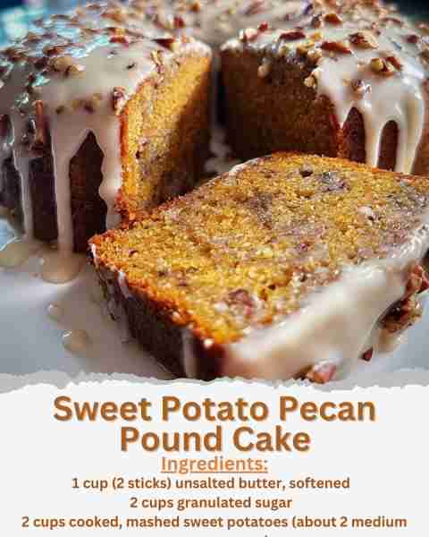 Sweet Potato Pecan Pound Cake Ingredients: - 1 cup (2 sticks) unsalted butter, softened - 2 cups gra...