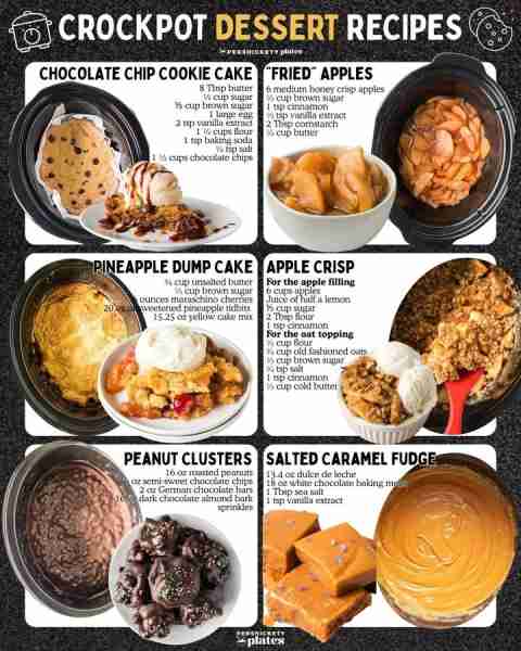 Six sweet treats to make in the crockpot! 🍪 🍪 Slow Cooker Chocolate Chip Cookie Cake 8 Tbsp butter...