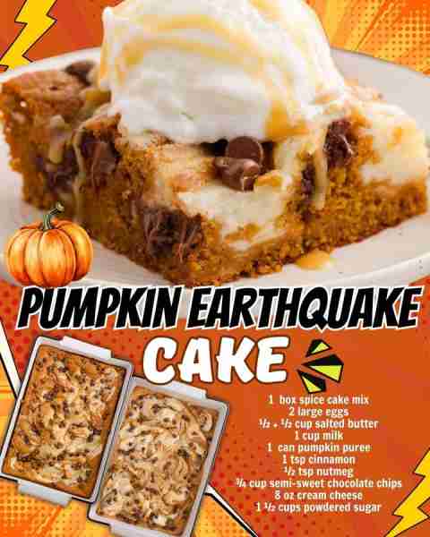 PUMPKIN EARTHQUAKE CAKE! 1 box spice cake mix 2 large eggs ½ + ½ cup salted butter 1 cup milk 1 can...