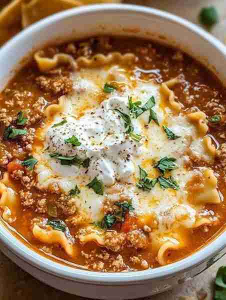 Lasagna Soup Ingredients: 1 lb ground beef 1 onion, diced 3 garlic cloves, minced 4 cups chicken bro...