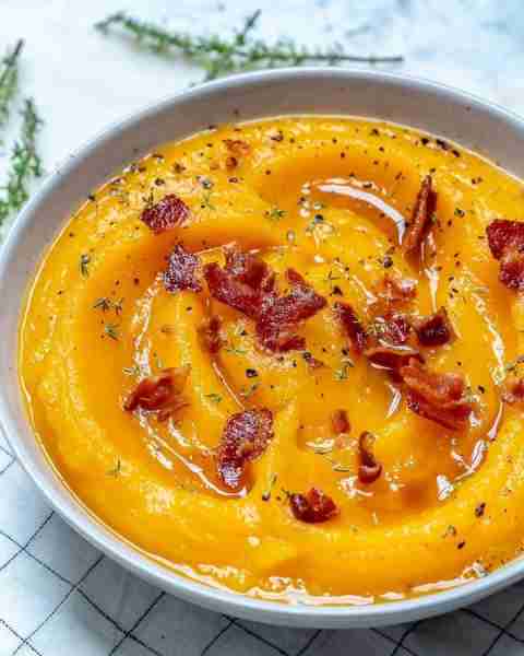 The sweetness of this maple butternut squash combined with the salty bacon garnish is surprisingly o...