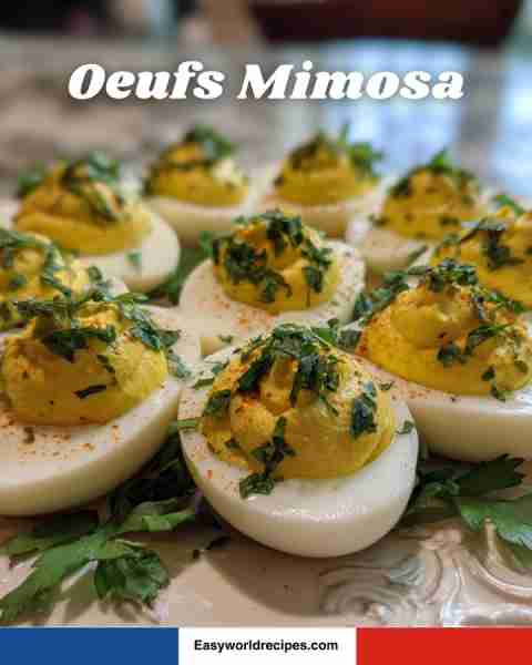 🍲🇫🇷 Oeufs Mimosa A French take on deviled eggs, these creamy yolk-filled bites are topped with herb...