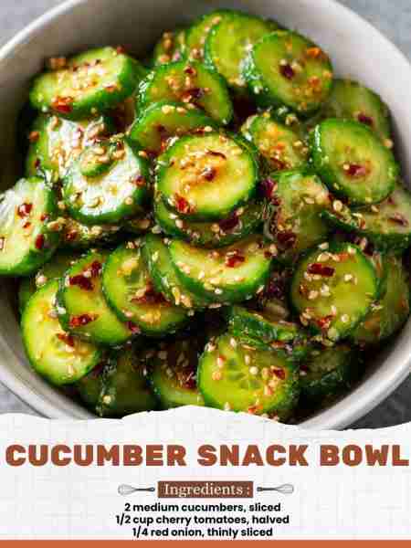 Cucumber Snack Bowl Ingredients: 2 medium cucumbers, sliced 1/2 cup cherry tomatoes, halved 1/4 red...