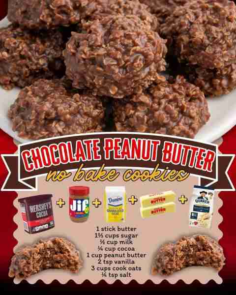 CHOCOLATE PEANUT BUTTER NO-BAKE COOKIES! 1 stick butter 1⅔ cups sugar ½ cup milk ¼ cup cocoa 1 cup p...