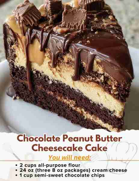 Chocolate Peanut Butter Cheesecake Cake Ingredients: For the Chocolate Cake Layers: - 2 cups all-pur...