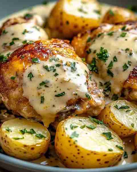 Garlic Parmesan Chicken and Potatoes Ingredients 6 bone-in, skin-on chicken thighs or breasts 1 1/2...
