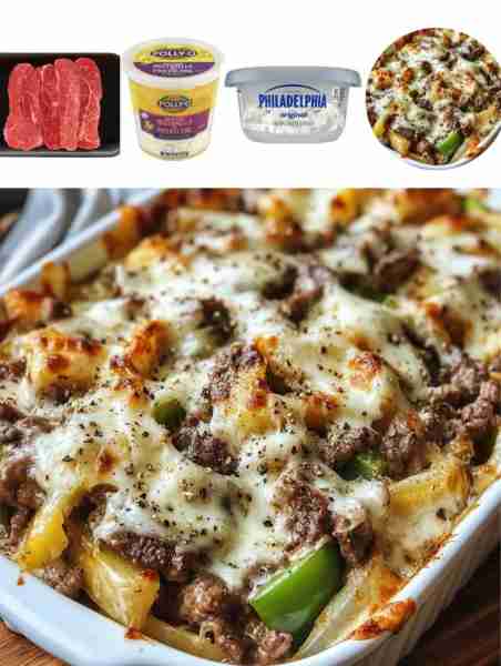 Philly Cheesesteak Casserole Ingredients: - 1 lb. thinly sliced beef - 1 green bell pepper, sliced -...