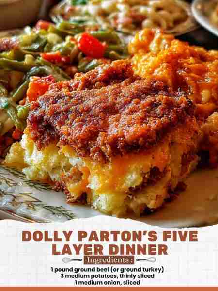 Dolly Parton’s Five Layer Dinner Ingredients: 1 pound ground beef (or ground turkey) 3 medium potato...
