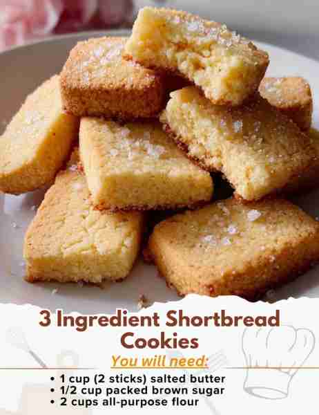 3 Ingredient Shortbread Cookies Ingredients: - 1 cup (2 sticks) salted butter, room temperature - 1/...